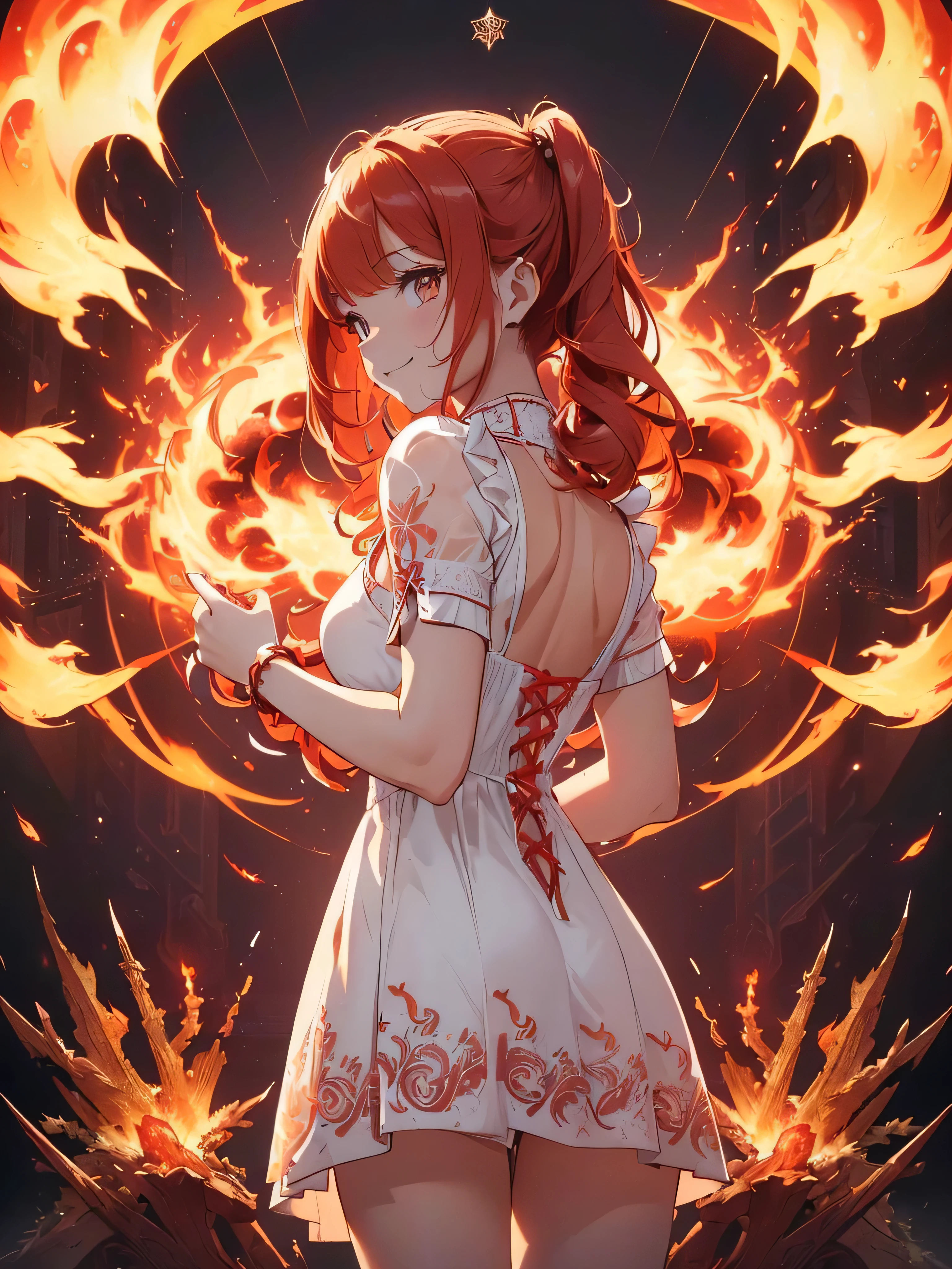 (((best quality, sharp image, clear image, cinematic lighting, 8k resolution, masterpiece, ultra detailed, intricate))) Girl, (((looking over left shoulder))), (shot from behind), ((half shot)), fiery red hair, pigtails, ((white dress)), ((flaming sigils, flaming runes)), spiky rock formations, (flaming lotus flowers frame), (intricate background), ((Phoenix)), (swirling flames), smiling