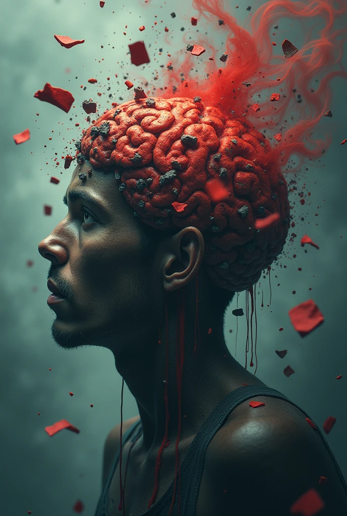 A man's brain that has been emotionally, financially, and personally traumatized, shattered within, with each fragment shaped like an emotional aspect floating in the air, with red blood streaks