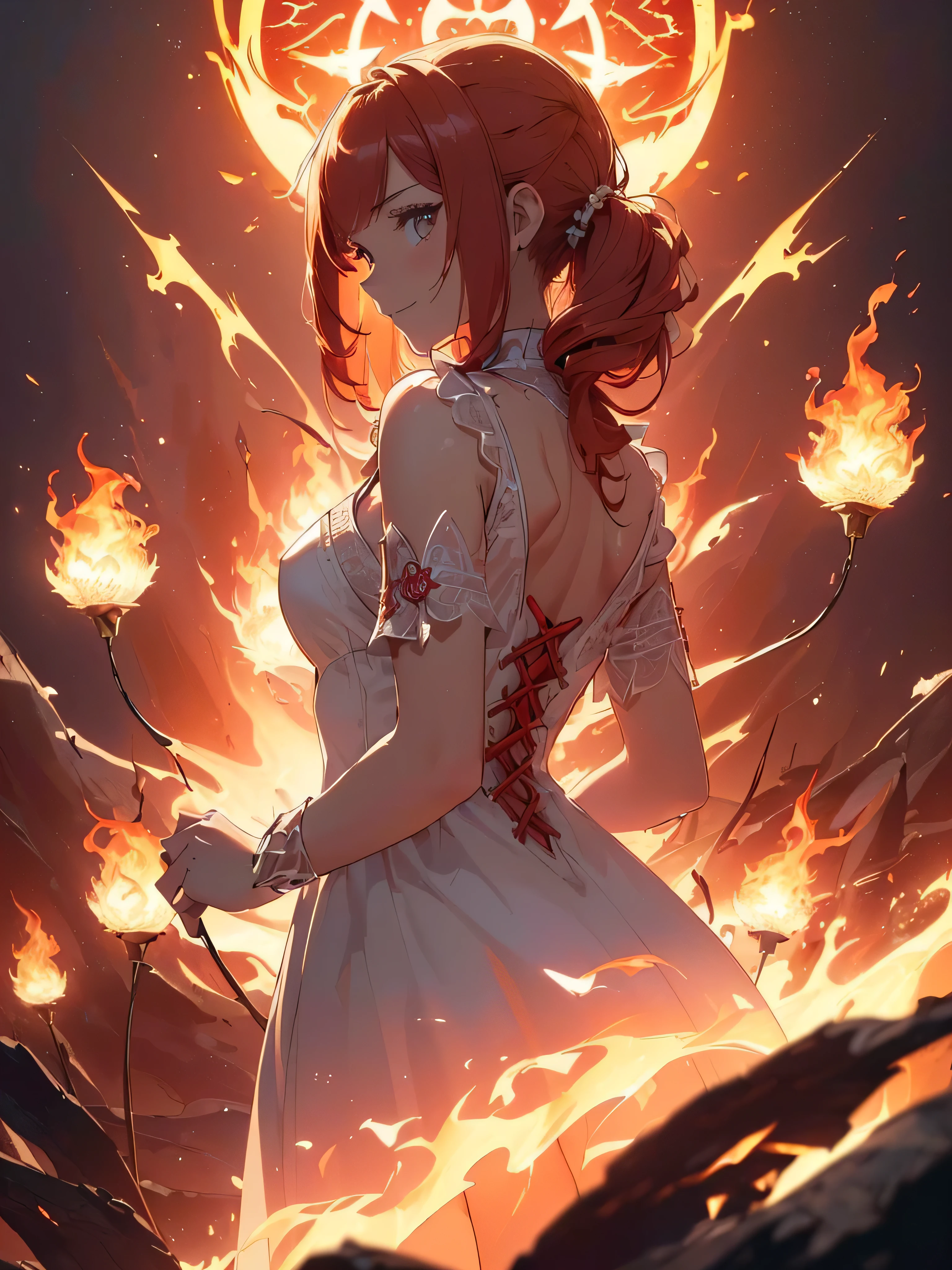 (((best quality, sharp image, clear image, cinematic lighting, 8k resolution, masterpiece, ultra detailed, intricate))) Girl, (((looking over left shoulder))), (shot from behind), ((half shot)), fiery red hair, pigtails, ((white dress)), ((flaming sigils, flaming runes)), spiky rock formations, (flaming lotus flowers frame), (intricate background), ((Phoenix)), (swirling flames), smiling