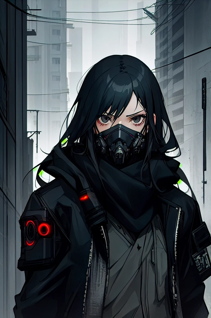 a woman, long black hair, gray-silver eyes, a black jacket, calm serious expression, gray scarf, a mask, cyberpunk city, gloomy atmosphere