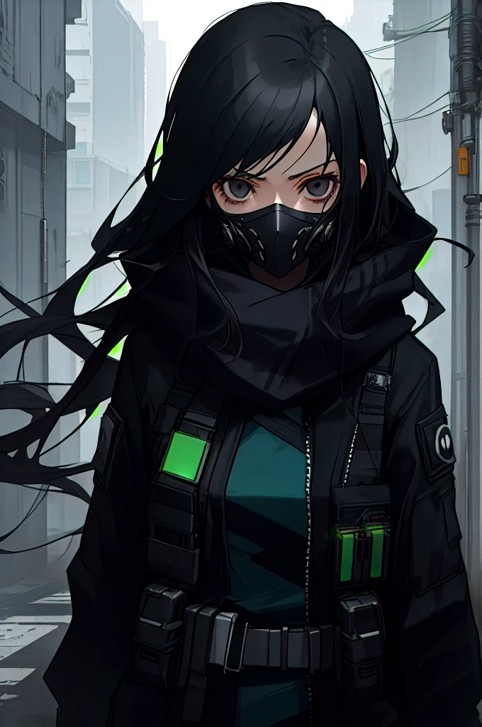 a woman, long black hair, gray-silver eyes, a black jacket, calm serious expression, gray scarf, a mask, cyberpunk city, gloomy atmosphere