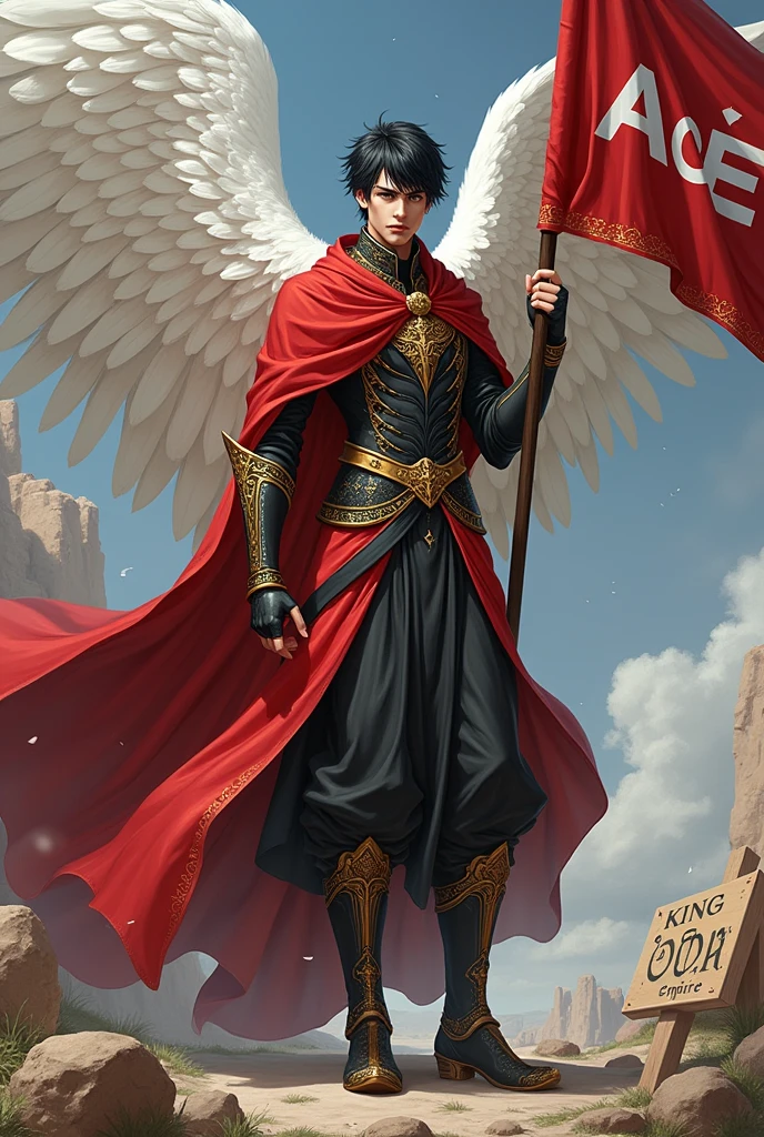 8K,Photorealsitic Raw photography top-quality;1.4) (1 Adult Eagle Boy) Personification of a super handsome eagle (Lifelike face) Personification of the eagle(shoun) Personification of the eagle Black and red exterior Black and red trousers Golden decoration Beautiful expression 超A high resolution A smile Precise details Realistic coat wings grow from the back Equip the sword on the waist