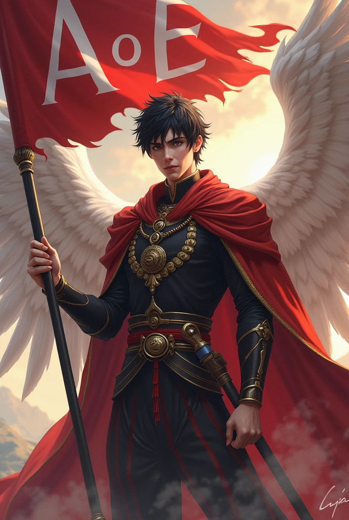 ((best quality)), ((masterpiece)), (detailed), perfect face. Create an epic piece of art featuring an angel of justice that embodies the essence of a god of war and victory. He has short black hair amd looks into the camera. He stands gracefully with a waving flag in his right hand with "AoE" written on it. Next to him is a sign that says "King Kodo's Empire"