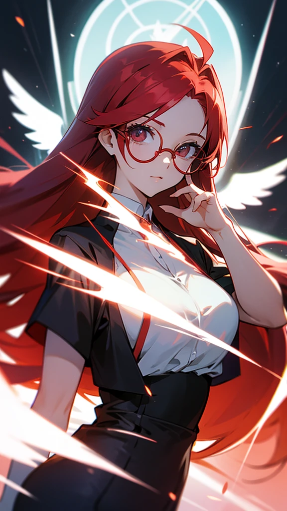 Red-haired woman with angelic powers wearing anime-style glasses