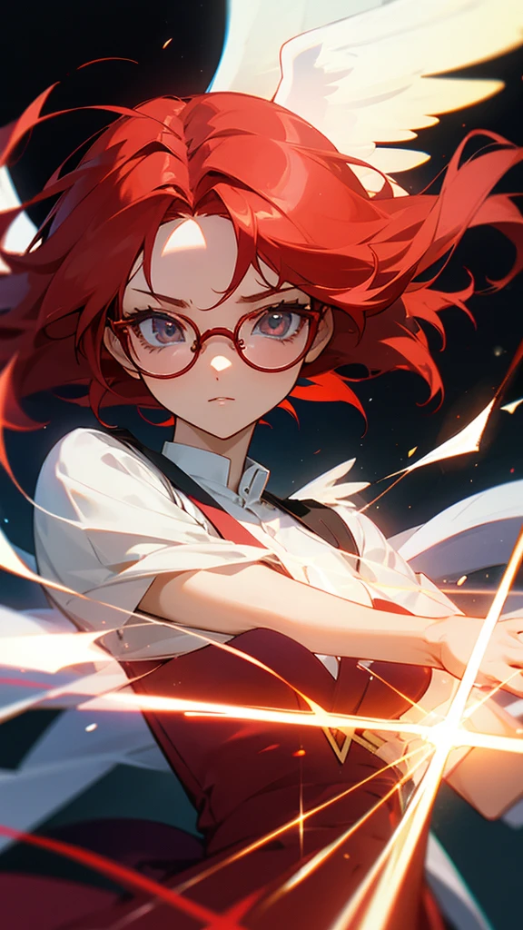 Red-haired woman with angelic powers wearing anime-style glasses