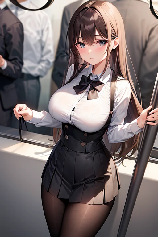 Big Breasts、Brown Hair、semi-long、uniform、White Shirt、Grey pleated skirt、Black Pantyhose、Long, slender legs、crowded train、Emphasize the chest、High resolution、masterpiece、Highest quality、High-resolution model