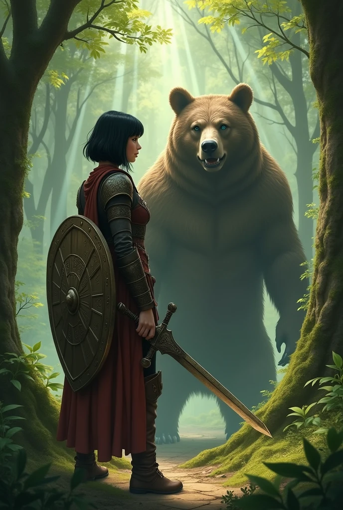 Elfa warrior with short black hair
Wearing a kite shield and a sword
Facing a bear