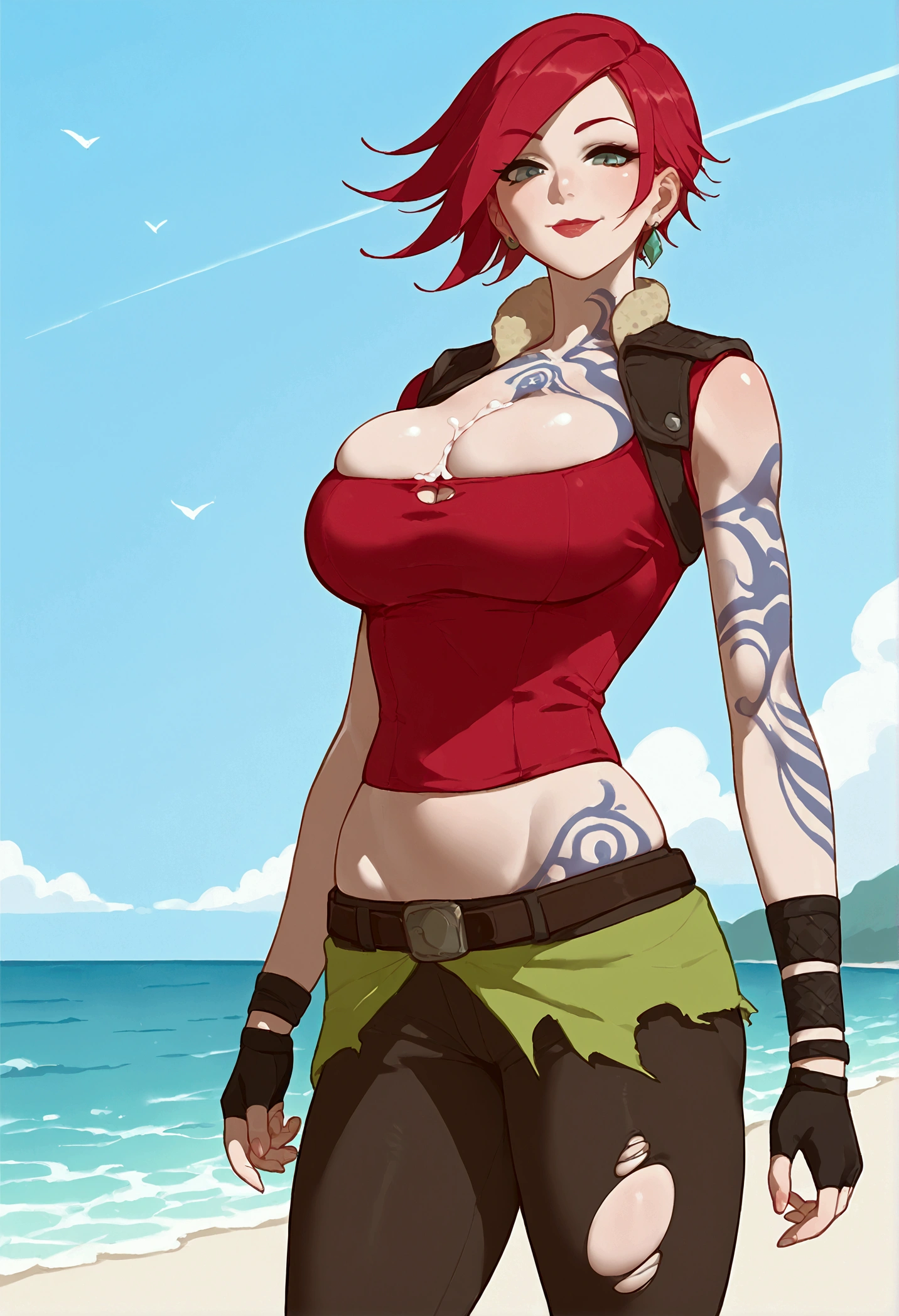 score_9, score_8_up, score_7_up, source_anime, looking at viewer, looking down, cowboy shot, lilithbl2
tattoo, makeup
fingerless gloves, midriff, belt, crop top, vest, pants, torn clothes, large breasts, thick thighs, skindentation, smile, ocean, beach, sunlight, outdoors, Big breasts, cum on breasts