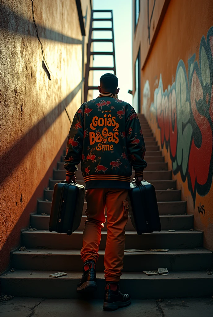 A vertical ladder at the end of the stairs is a prize, and a rapper with his back to the camera carrying a lot of money and suitcases from Goiás Cauê make it difficult for him to close at the top