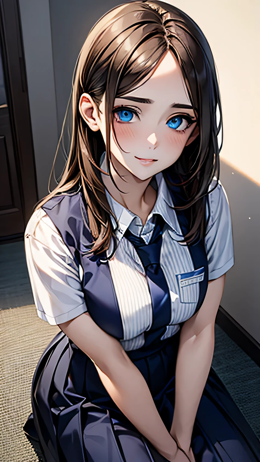 (Highest quality), Ultra-high resolution,Adult women, alone, sexy, (Tired face), (Blue eyes), Beautiful and symmetrical face, (Brown, unruly hair), Blue delivery uniform,Blue Skirt,Realistic:1.4,Realistic:1.4,(masterpiece:1.2),Perfect Eyes,Perfect Eyes,（A refreshing smile）,Curvy Body,White and glowing skin,（From above:1.1）