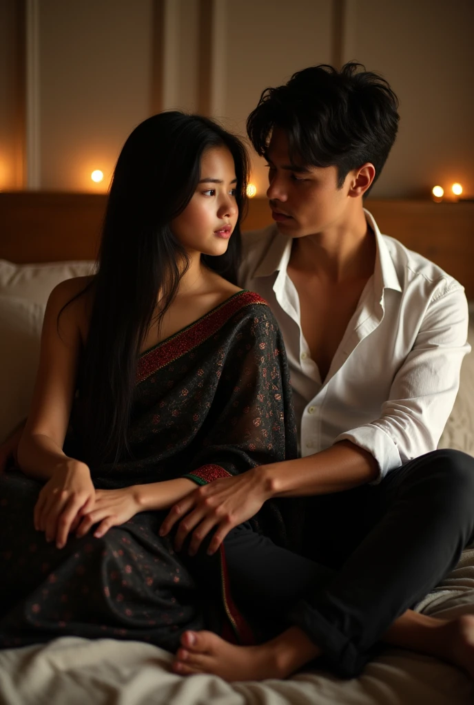 A girl, tanned skin, wearing a black colour saree,red and green designs on it, dark red blouse with four quarter sleeve, long hair, black hair, open hair, Straight hair ,Asian style, sitting on a bed, looking at a man who wears a white shirt,folded sleeve,black jeans, night, dream light,