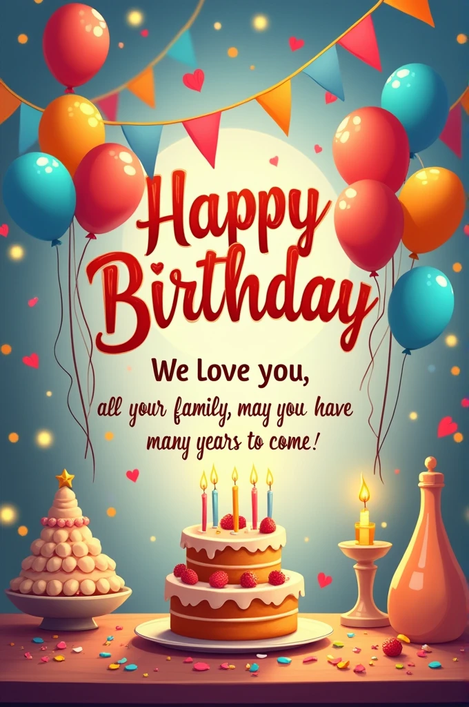 Show an image that says Happy Birthday and below that says we love you all your family, may you have many more years to come. (for: Freddy)
