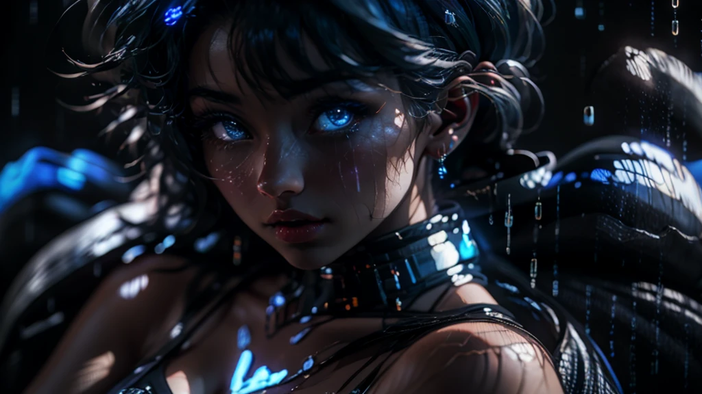 Realistic beautiful women, half body potrait and looking at viewers, hair colour is combination of blue and black gradient, and silky hair which is blowing with wind, details blue colour eye ball, women cheeks a japanese alphabet written in blue glowing color, ceniematic camera shot, raining, small tiny blue glowing particles in air , 4k fully rendered