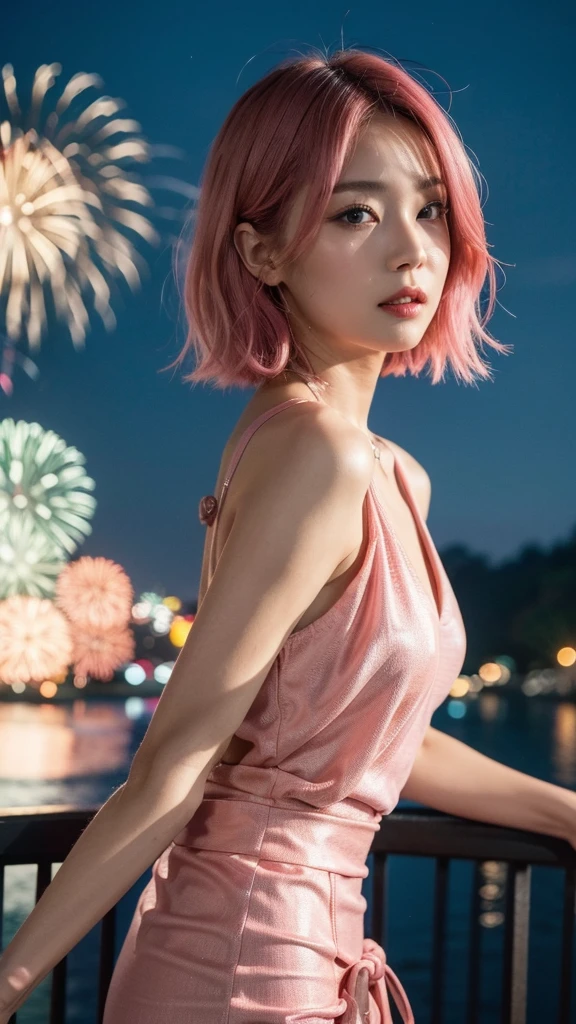 (8K, top-quality, masterpiece:1.2), (reallistic, Photorealsitic:1.37), Super Detail, One girl, (Highly detailed), (beautifully detailed eyes), (of the highest quality), (super detailed ), (masterpiece), (Detailed face), 20yr old, 1 girl, (pink hair, long hair), medium breasts, clothed, Perfect Lighting, BREAK, (white mini dress with red floral pattern:1.4), (A-line silhouette:1.3), (front open with string tie:1.5), (white knee socks:1.2), (red socks and white sandals:1.3), (red ribbon:1.2), BRAKE, (upper body to knee:1.3), (pink hair on left side:1.4), (smile:1.2), (night fireworks:1.5), (fireworks colors reflecting on clothing:1.4)