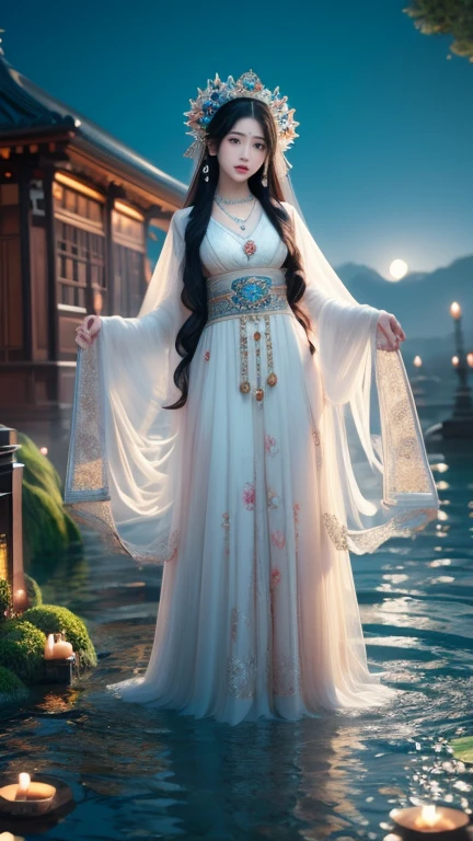 (masterpiece,Highest quality,,8k,High resolution),One female,,Beautiful Face,Beautiful Face,Beautiful eyes,Beautiful lips,Compassionate Mother Kannon,Black Hair,,Wave,,Standing on the surface of the water,,flower,bird,,moon,,jewelry,Holding,Long sleeve,Veil,necklace,Lotus,Long Hair,dress,(whole body),Highly detailed CG,