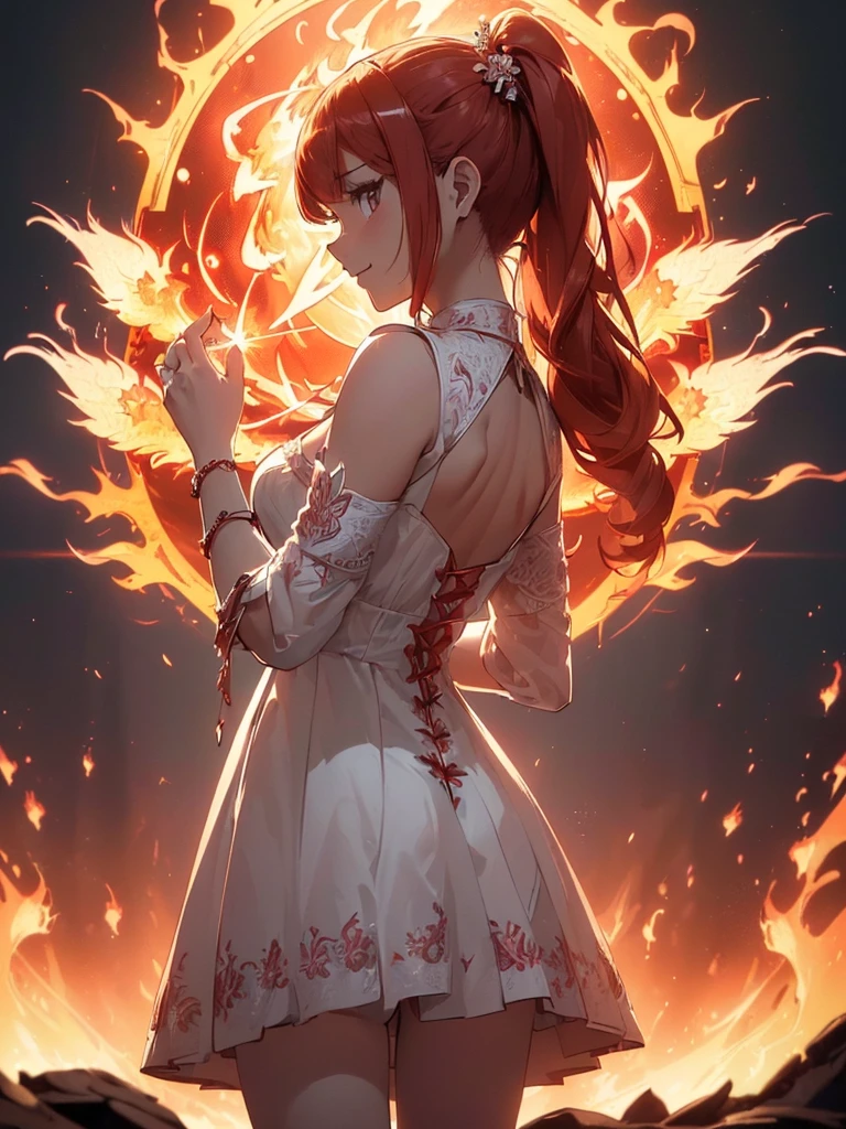 (((best quality, sharp image, clear image, cinematic lighting, 8k resolution, masterpiece, ultra detailed, intricate))) Girl, (((looking over left shoulder))), (shot from behind), ((half shot)), fiery red hair, pigtails, ((white dress)), ((flaming sigils, flaming runes)), spiky rock formations, (flaming lotus flowers frame), (intricate background), ((Phoenix)), (swirling flames), smiling
