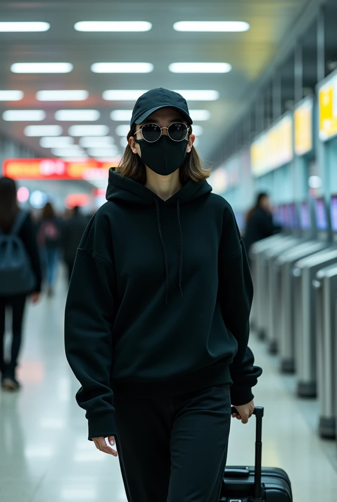 A Korean woman wears a black hoddy and wears a black cap , face mask and wears sun glasses and is walking in the airport with a suitcase