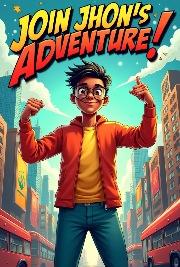Comic promotional poster of a young man named Jhon. He has brown skin, by the wide, He wears glasses.
