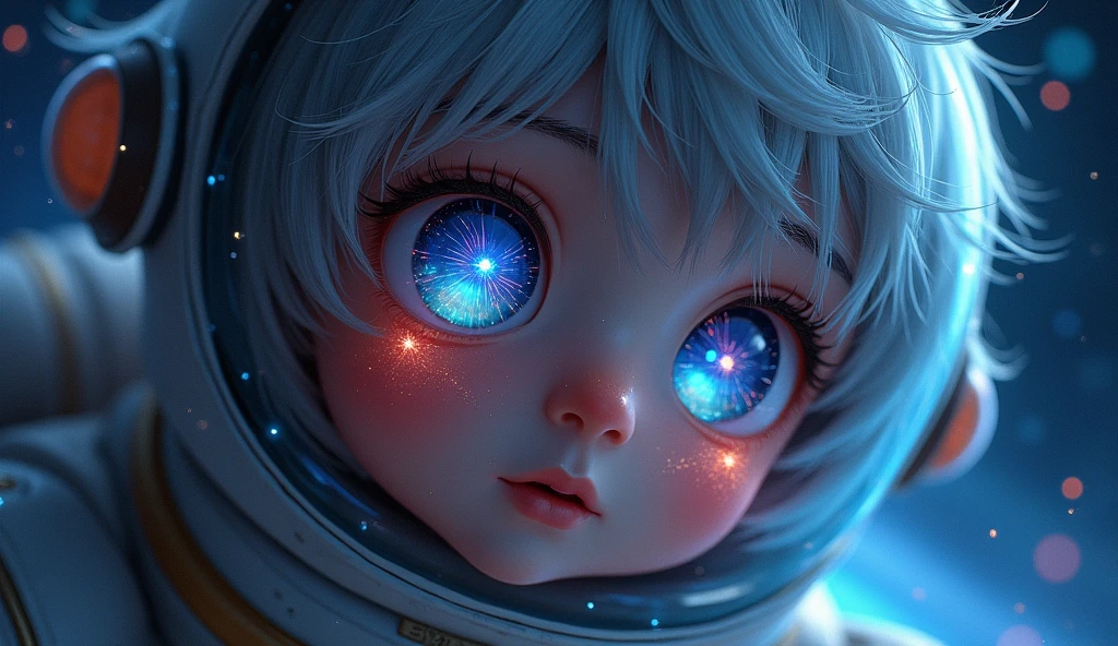 (Close-up of a better masterpiece:1.5)0.9], (Space and astronauts:1.2) (Messy silver hair:1.1) (Heterochromia xanthochromia and blue eyes:1.2) (Space Helmet:1.0) (Colored stars in the eyes:1.0) (A radiant glow:1.1) (thick lips:0.9)