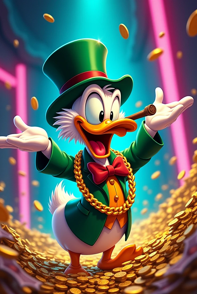 Scrooge McDuck, bravo, gold chain and money , cigar , effect neon