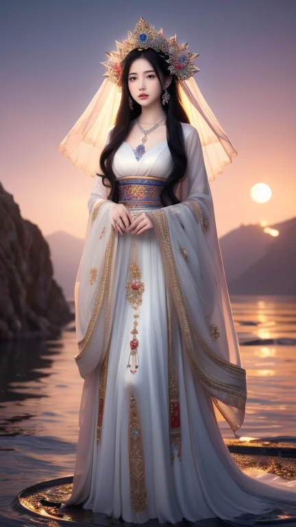 (masterpiece,Highest quality,,8k,High resolution),One female,,Beautiful Face,Beautiful Face,Beautiful eyes,Beautiful lips,Compassionate Mother Kannon,Black Hair,,Wave,,Standing on the surface of the water,,flower,bird,,moon,,jewelry,Holding,Long sleeve,Veil,necklace,Lotus,Long Hair,dress,(whole body),Highly detailed CG,