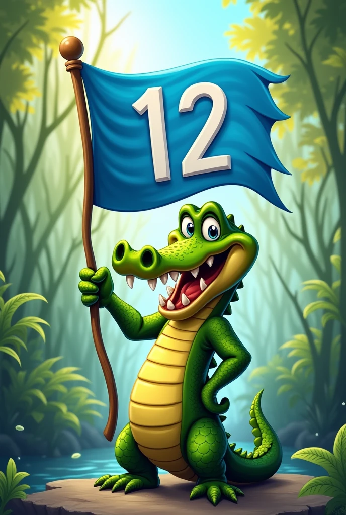 Cartoon alligator holding a blue flag with the number 12 in white. 