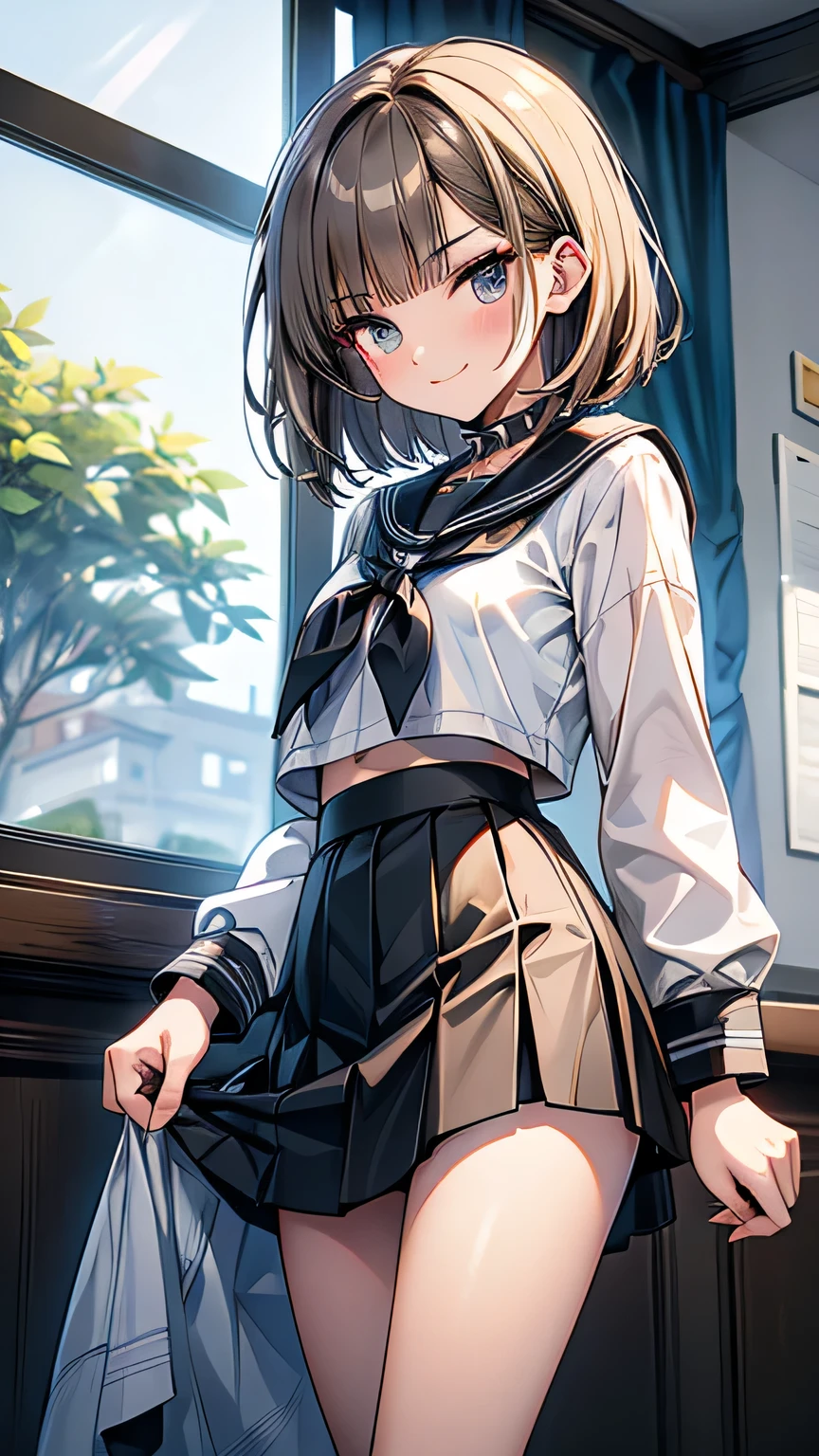 Very short spiked hair　dull brown hair　length, Narrow eyes　smile　Glare　frivolous attitude　Country-style black sailor suit　Nagoya collar　length skirt　length skirt　Rural classroom