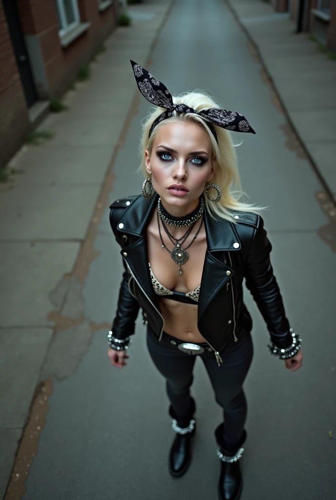 russian woman, platinum blonde hair with black parsley bandana, with very light blue eyes, pale, heavy eye shadows. Smeared make up. Wearing black moto jacket, leopard print bra, black skinny jeans and black snakeskin cowboy boots . Lots of metallic braceles and collars. Tacky leather belt with oversized buckle. Wide loop earrings. Scared face full of repentance. She thinks she is seeing God