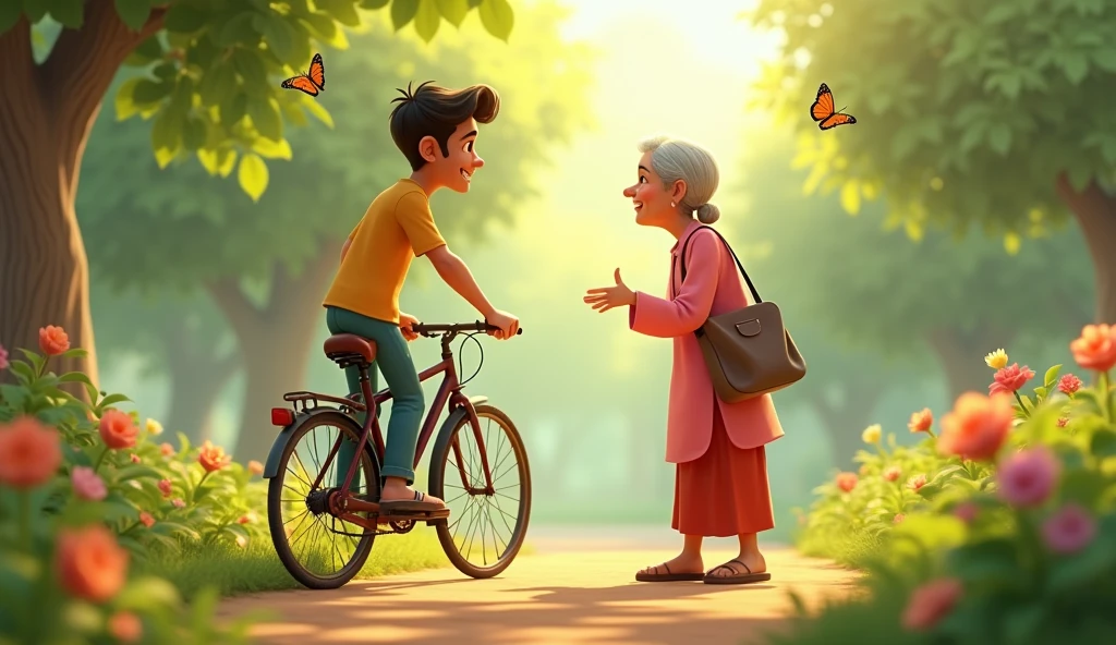 In 3d animation "A young man named Shyam, wearing casual clothes, offers a ride to the old woman on his bicycle. The scene captures the moment of hesitation as he looks at her, unsure but polite."