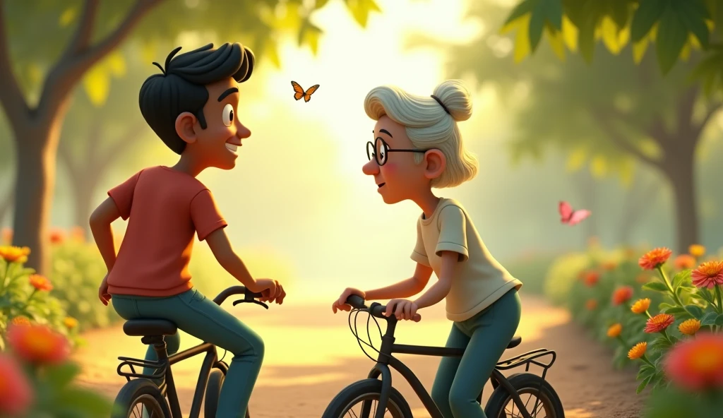 In 3d animation "A young man named Shyam, wearing casual clothes, offers a ride to the old woman on his bicycle. The scene captures the moment of hesitation as he looks at her, unsure but polite."