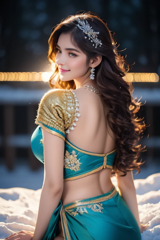 beautiful and sexy woman, age 20, gigantic , clevage, wore stylish and design sea Blue colour saree ,clevage, hot and sexy printed blouse, sitting in railway ,model pose, beautiful body, masterpiece, ultra realistic,detailed,16k , potrait ,Film type light, camera angle front, looking at viewer Youngh, brown skin, dark brown hair, wavy hair at the ends, latina americana, Brazilian, green eyes, face perfect, perfectbody, medium breasts, perfect ass, dressed in a turquoise blue tunic, angel armor, archangel wings, sword in right hand held up, gold armour, gold tiara on head unsurpassed masterpiece, Ultra photo realsisim, perfect artwork, intricate details, Best Quality, strong light,High contrast, the night, Starlights, northern lights, (((back light))), Glowing Hair, Girl sitting on a white ice throne, , a beaut, blurred background, Smile, breeze, (((diamond_necklace))), (((snowing,Snow Flower))),