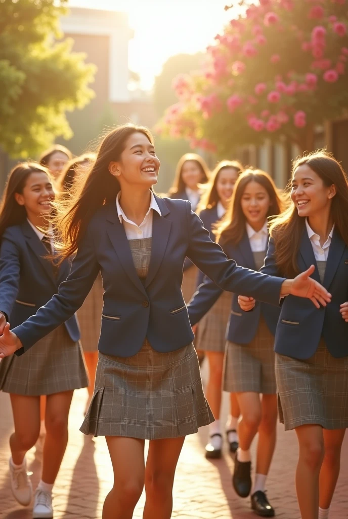 Masterpiece、Highest quality、Super fine、Fine、High resolution、Realistic、Realistic photos that look like they were taken with a single-lens reflex camera、A group of 18-year-old, incredibly cute high school girls are dancing.、Everyone is wearing a uniform.、There are at least two people in the photo and they are all smiling and looking happy.
