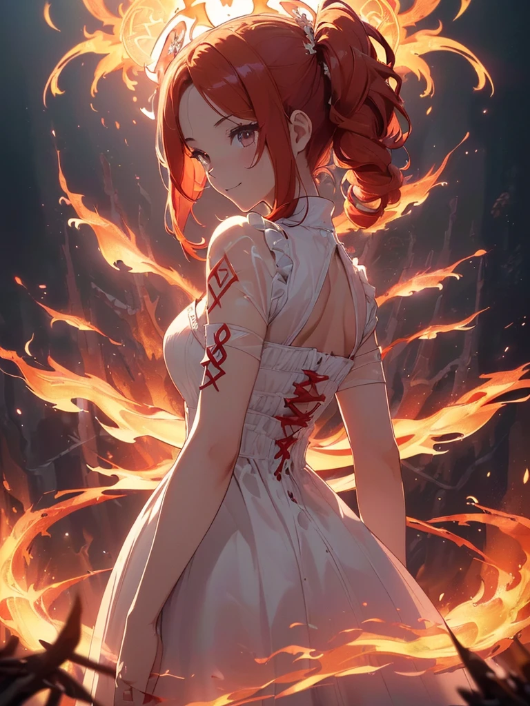 (((best quality, sharp image, clear image, cinematic lighting, 8k resolution, masterpiece, ultra detailed, intricate))) Girl, (((looking over left shoulder))), (shot from behind), ((half shot)), fiery red hair, pigtails, ((white dress)), ((flaming sigils, flaming runes)), spiky rock formations, (flaming lotus flowers frame), (intricate background), ((Phoenix)), (swirling flames), smiling
