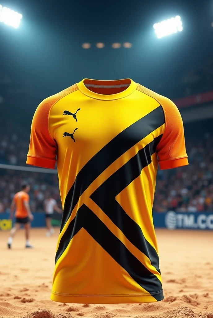 Create a jersey for Volleyball Men's with color yellow, black and orange.