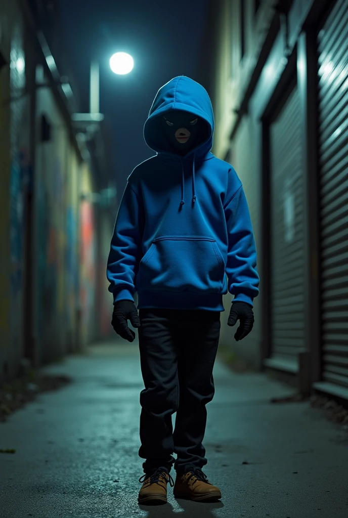 Teen Boy wearing blue hoodie and black pants brown shoes as a Kidnapper with mask on and fingerless gloves looking for boys to take