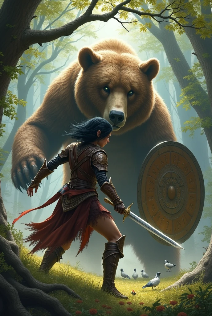 Elfa warrior with short black hair
Wearing a kite shield and a sword
Fighting a bear