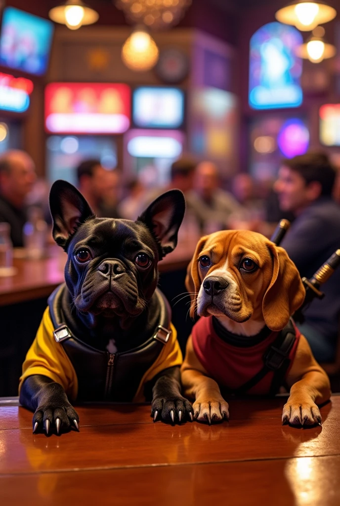 A French Bulldog dressed as Wolverine sitting to the Left a Beagle dressed as Deadpool with two katanas on his back and a golden automatic pistol sitting at a bar with people having fun