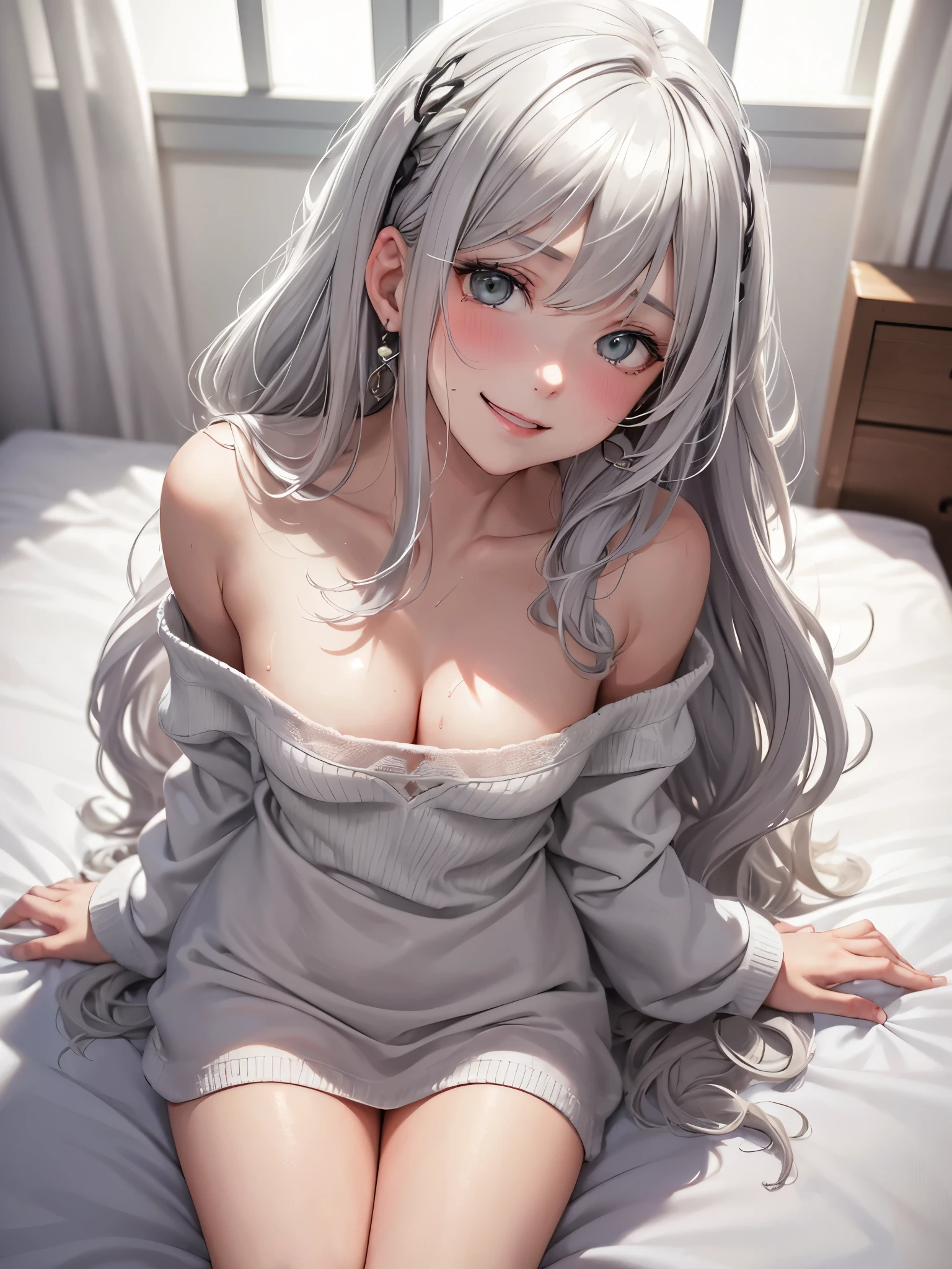 1Girl, Solo, Anime, Ideal body, (Cleavage, Small Breast:1.2). Beautiful, Gorgeous, Fresh, Young, Blunt Bangs.(White Grey Hair:1.5), (Straight and Wavy Long Hair:1.3), Virgin Sweater, Cotton, Comfort, (Sitting on bed:1.3). Earrings, Thin Black Headband, Green Accessories, Environmental Details, Bed Room, Natural Light, Modern Bed, Chair, Window, White Curtain, City View. Top view. pov, anime style, UHD, retina, masterpiece, accurate, anatomically correct, textured skin. High Resolution, Looking at viewer, Blush, Best Quality, Award Winning, Accurate, Embarrassed, seductive smile, sweating, Naughty Face, Naughty smile, Gradient Eye Color.