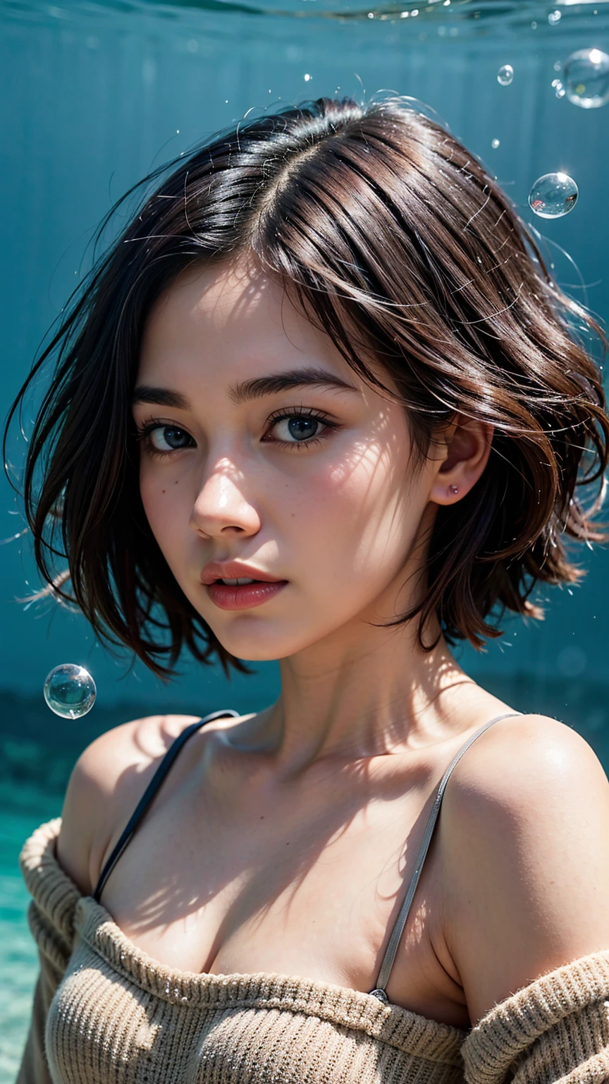 1girl, solo, looking at viewer, short hair, blue eyes, brown hair, black hair, collarbones, parted lips, water, lips, white sweater, sunlight, bubbles, underwater, ((small bubbles)), red balloons, high quality, 8k, hyperrealistic, cinematic lighting, photorealistic, masterpiece, exquisite details, intricate details, vibrant colors, natural skin tones, beautiful portrait, elegant pose, translucent water, floating bubbles, striking atmosphere, dreamlike ambience