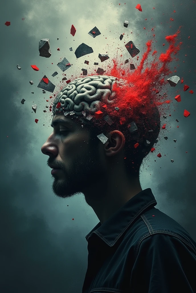A man's brain that has been emotionally, financially, and personally traumatized, shattered within, with each fragment shaped like an emotional aspect floating in the air, with red blood streaks