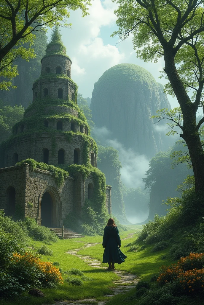 contemporary landscape, medieval village, stone building, stone temple in middle, viking burial mound, cracked stones, green foliage, green bushes, green grass, green moss, forest, smoke, mist, mysterious atmosphere, lone wonderer, flapping cloak