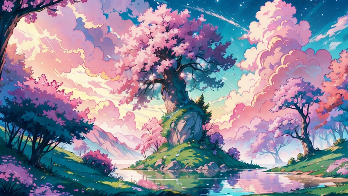 Viral anime nature wallpaper in 4K quality, in the style of ghibli, showcasing in the middle of the composition: a triangle rock island with a majestic tree standing on it, pink/brown/green/purple colors of the tree, beautiful flowers and grass on the rock, all around is water lake ; fluffly cotton clouds in the sky, bright and cheerful color temperature, cosmos lighting with stars twinkling in the sky and sunrays, the atmosphere is whimsical and joyful