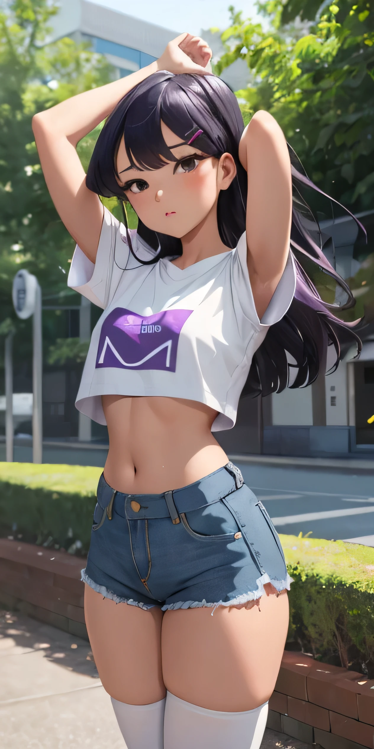 1girl, solo, Komi Shouko, long hair, breasts, looking at viewer, blush, bangs, shirt, purple hair, hair ornament, thighhighs, navel, closed mouth, purple eyes, standing, full body, white shirt, short sleeves, thighs, outdoors, shoes, shorts, day, hairclip, midriff, black thighhighs, stomach, arm up, crop top, short shorts, white footwear, denim, sneakers, blue shorts, denim shorts, hand on own head, crop top overhang, cutoffs