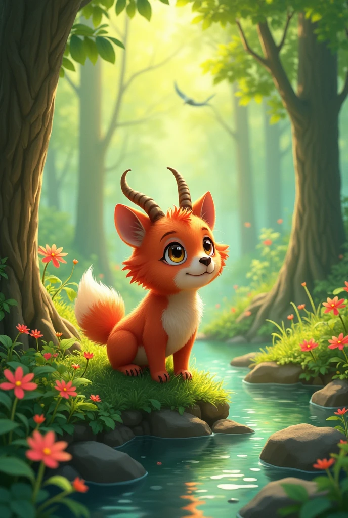 chat creates a picture of roko, a forest spirit, It&#39;s the size of a baby bear, It&#39;s red and hairy, It has little horns and is a combination of a dog and a goat., and it&#39;s adorable