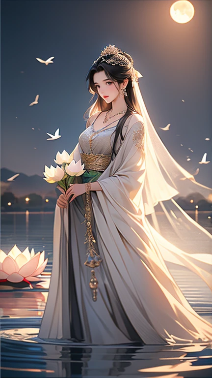 (masterpiece,Highest quality,,8k,High resolution),One female,,Beautiful Face,Beautiful Face,Beautiful eyes,Beautiful lips,Compassionate Mother Kannon,Black Hair,,Wave,,Standing on the surface of the water,,flower,bird,,moon,,jewelry,Holding,Long sleeve,Veil,necklace,Lotus,Long Hair,dress,(whole body),Highly detailed CG,