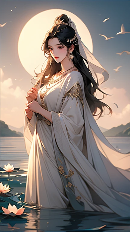 (masterpiece,Highest quality,,8k,High resolution),One female,,Beautiful Face,Beautiful Face,Beautiful eyes,Beautiful lips,Compassionate Mother Kannon,Black Hair,,Wave,,Standing on the surface of the water,,flower,bird,,moon,,jewelry,Holding,Long sleeve,Veil,necklace,Lotus,Long Hair,dress,(whole body),Highly detailed CG,