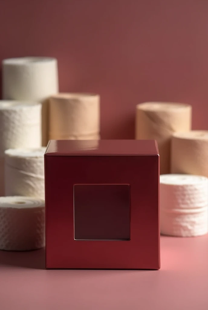 empty maroon box that is facing front and centered that has a window in it and bandages in the background