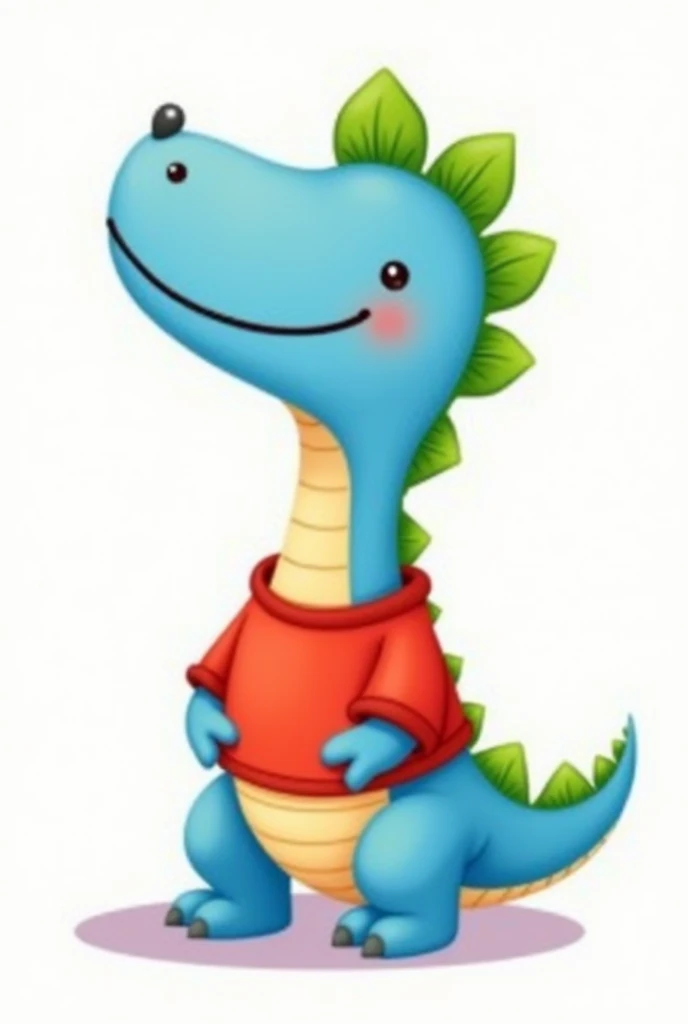 An illustration for children of a dinosaur, with the appearance of an , Short neck, with red shirt, trouserless, blue skin, green dinosaur crests on the head and tail, cute cartoon smile, full body, with an appearance of tenderness, White background
