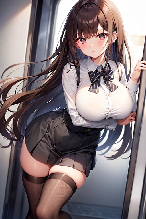Big Breasts、Brown Hair、semi-long、uniform、White Shirt、Grey pleated skirt、Black fishnet stockings、Long, slender legs、crowded train、Emphasize the chest、High resolution、masterpiece、Highest quality、High-resolution model