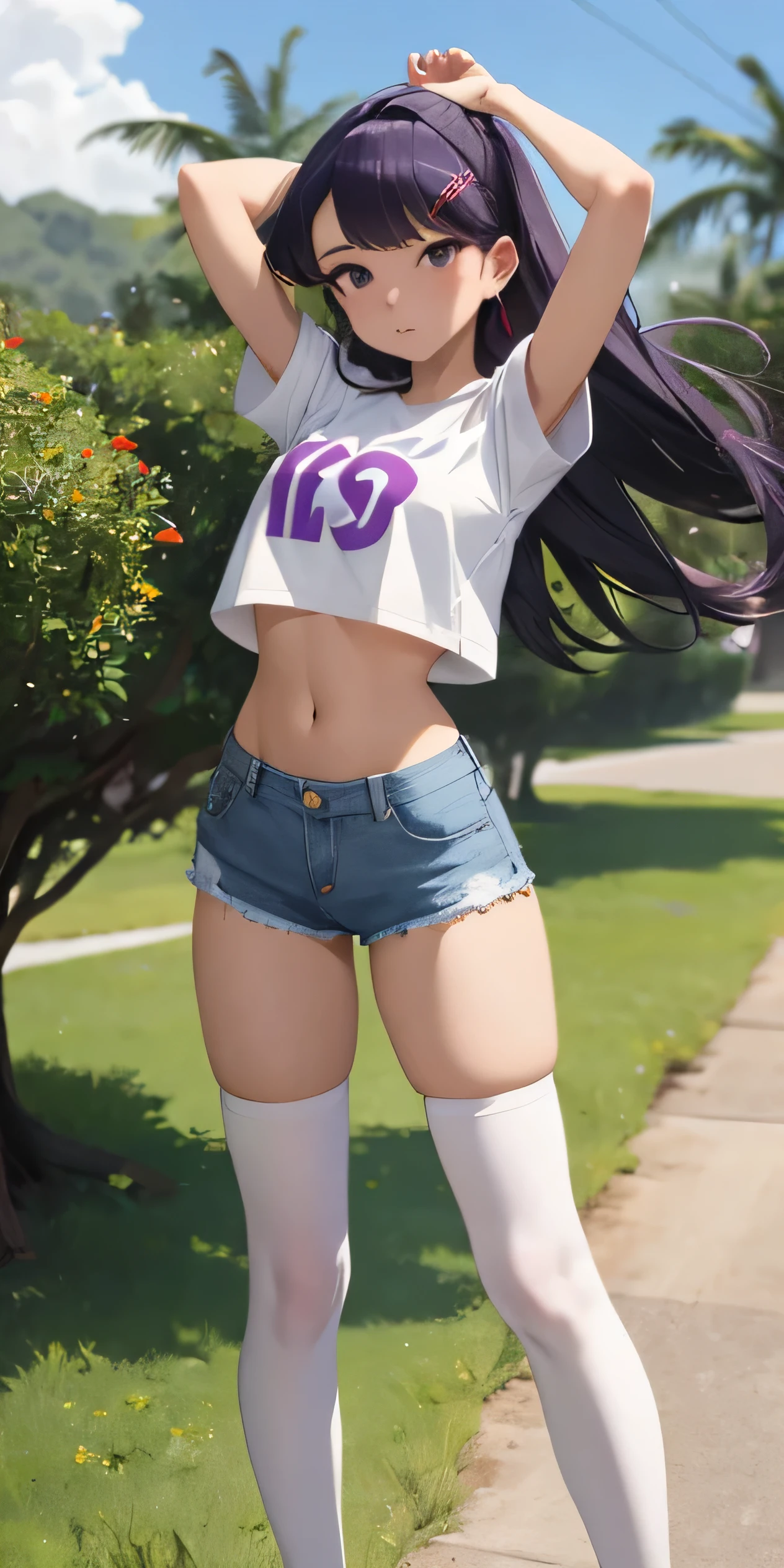 1girl, solo, Komi Shouko, long hair, breasts, looking at viewer, blush, bangs, shirt, purple hair, hair ornament, thighhighs, navel, closed mouth, purple eyes, standing, full body, white shirt, short sleeves, thighs, outdoors, shoes, shorts, day, hairclip, midriff, black thighhighs, stomach, arm up, crop top, short shorts, white footwear, denim, sneakers, blue shorts, denim shorts, hand on own head, crop top overhang, cutoffs